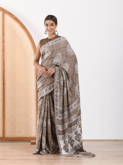 MULMUL TAUPE BLOCK PRINTED MODAL SATIN SAREE MULMUL TAUPE BLOCK PRINTED MODAL SATIN SAREE