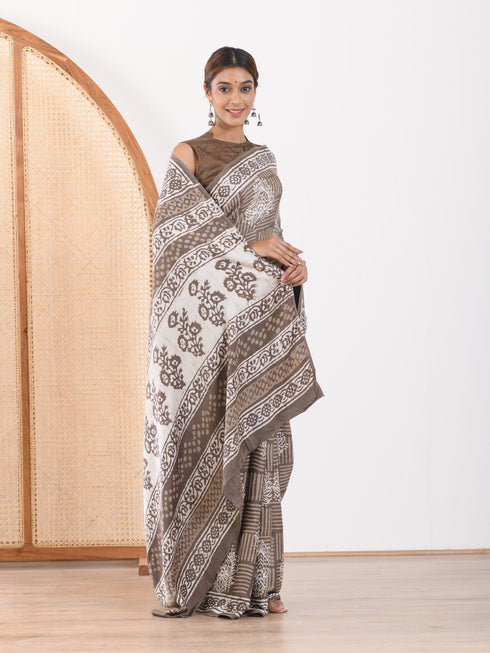 MULMUL TAUPE BLOCK PRINTED MODAL SATIN SAREE MULMUL TAUPE BLOCK PRINTED MODAL SATIN SAREE
