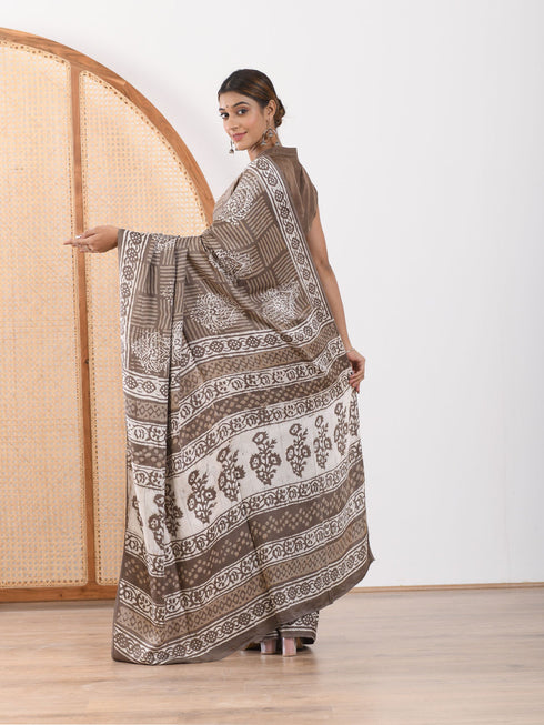 MULMUL TAUPE BLOCK PRINTED MODAL SATIN SAREE MULMUL TAUPE BLOCK PRINTED MODAL SATIN SAREE