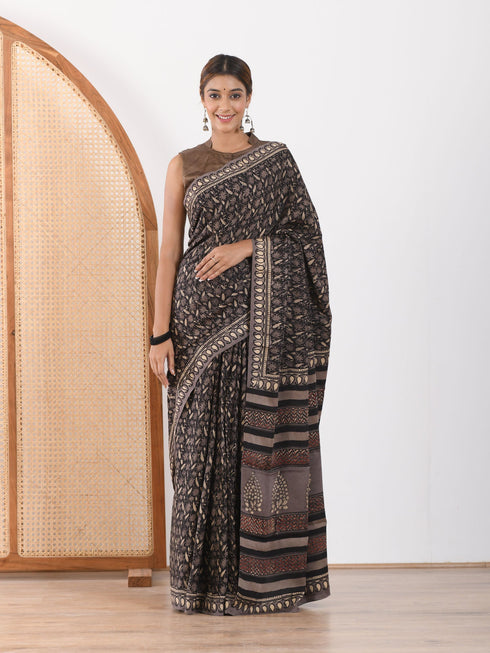 MULMUL MALANDRA BLOCK PRINTED MODAL SATIN SAREE MULMUL MALANDRA BLOCK PRINTED MODAL SATIN SAREE