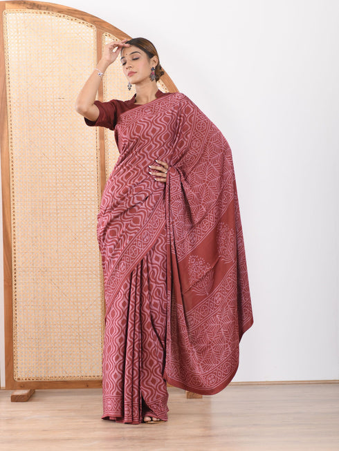 MULMUL ARUSHA BLOCK PRINTED MODAL SATIN SAREE MULMUL ARUSHA BLOCK PRINTED MODAL SATIN SAREE