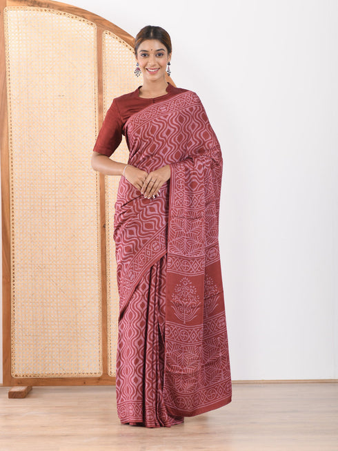MULMUL ARUSHA BLOCK PRINTED MODAL SATIN SAREE MULMUL ARUSHA BLOCK PRINTED MODAL SATIN SAREE