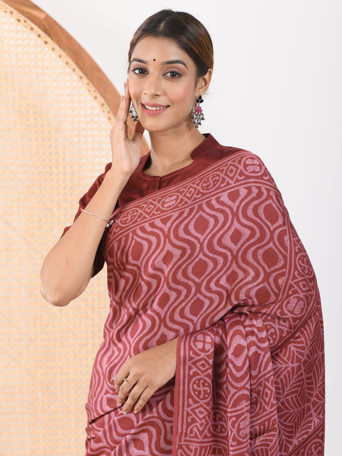 MULMUL ARUSHA BLOCK PRINTED MODAL SATIN SAREE MULMUL ARUSHA BLOCK PRINTED MODAL SATIN SAREE