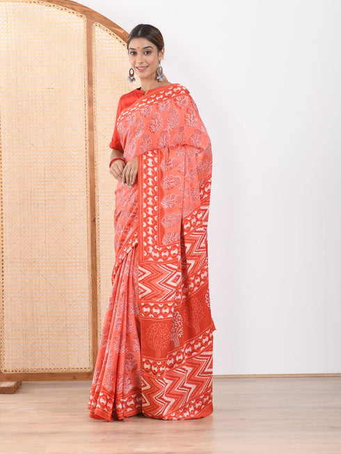 MULMUL FUSION CORAL-RED BLOCK PRINTED MODAL SATIN SAREE MULMUL FUSION CORAL-RED BLOCK PRINTED MODAL SATIN SAREE