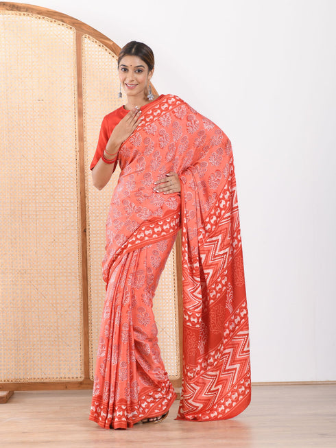 MULMUL FUSION CORAL-RED BLOCK PRINTED MODAL SATIN SAREE MULMUL FUSION CORAL-RED BLOCK PRINTED MODAL SATIN SAREE