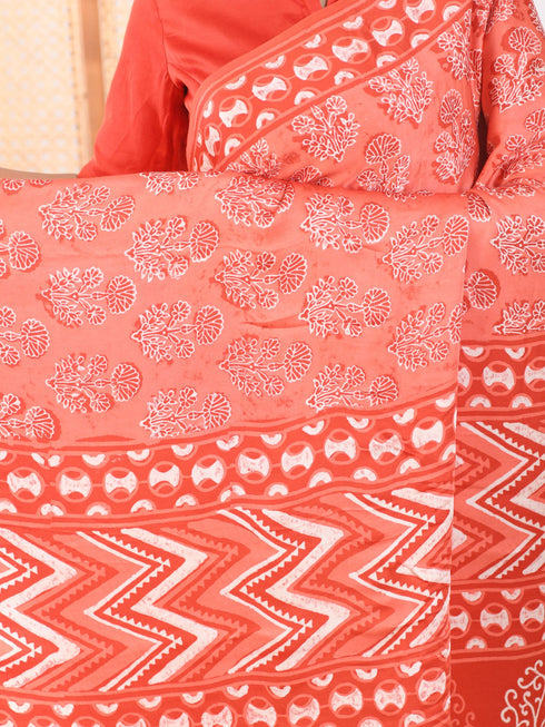 MULMUL FUSION CORAL-RED BLOCK PRINTED MODAL SATIN SAREE MULMUL FUSION CORAL-RED BLOCK PRINTED MODAL SATIN SAREE