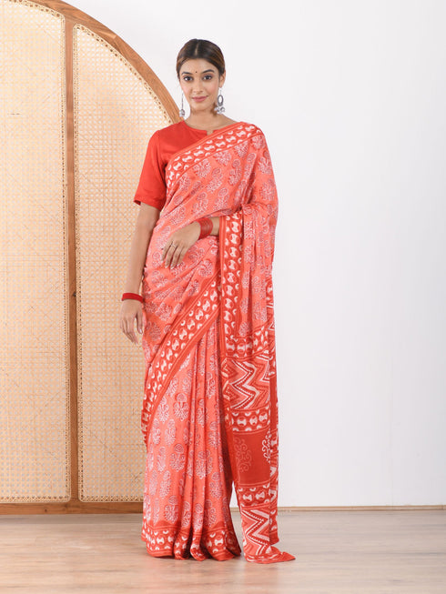 MULMUL FUSION CORAL-RED BLOCK PRINTED MODAL SATIN SAREE MULMUL FUSION CORAL-RED BLOCK PRINTED MODAL SATIN SAREE