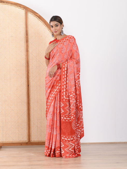 MULMUL FUSION CORAL-RED BLOCK PRINTED MODAL SATIN SAREE MULMUL FUSION CORAL-RED BLOCK PRINTED MODAL SATIN SAREE