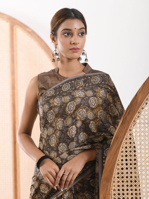 MULMUL UMBER BROWN BLOCK PRINTED MODAL SATIN SAREE MULMUL UMBER BROWN BLOCK PRINTED MODAL SATIN SAREE