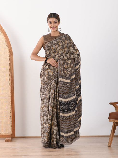 MULMUL UMBER BROWN BLOCK PRINTED MODAL SATIN SAREE MULMUL UMBER BROWN BLOCK PRINTED MODAL SATIN SAREE