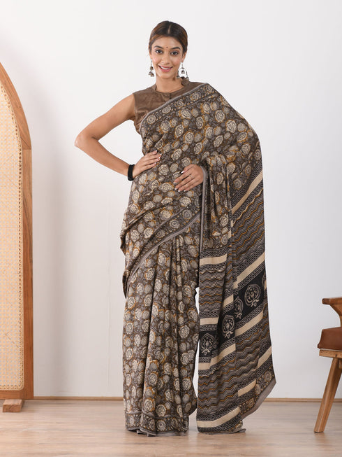 MULMUL UMBER BROWN BLOCK PRINTED MODAL SATIN SAREE MULMUL UMBER BROWN BLOCK PRINTED MODAL SATIN SAREE