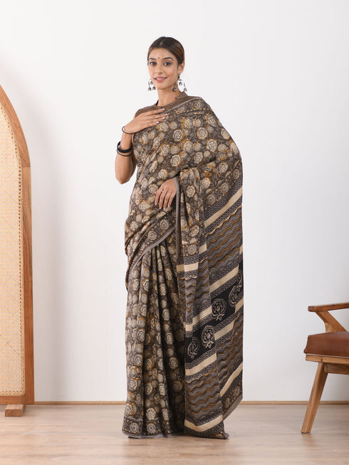MULMUL UMBER BROWN BLOCK PRINTED MODAL SATIN SAREE MULMUL UMBER BROWN BLOCK PRINTED MODAL SATIN SAREE