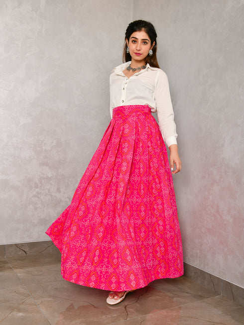 AAHELI LAASYA WHITE SHIRT & PRINTED BANDHANI SKIRT SET AAHELI LAASYA WHITE SHIRT & PRINTED BANDHANI SKIRT SET