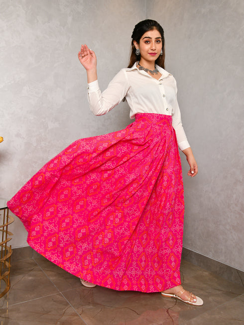 AAHELI LAASYA WHITE SHIRT & PRINTED BANDHANI SKIRT SET AAHELI LAASYA WHITE SHIRT & PRINTED BANDHANI SKIRT SET